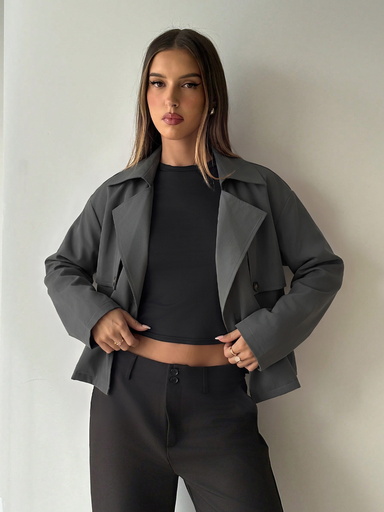 Aloruh Women's Solid Color Lapel Neck Long Sleeve Double-Breasted Xiu'x Trench Coat Jacket - Grey - View 3
