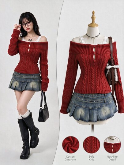Elamini Red Cute Sweet Vintage Vacation Off-Shoulder Sexy Fitted Hot Girl Unique Elegant Fashion Modern Knit Long Sleeve Sweater For Women