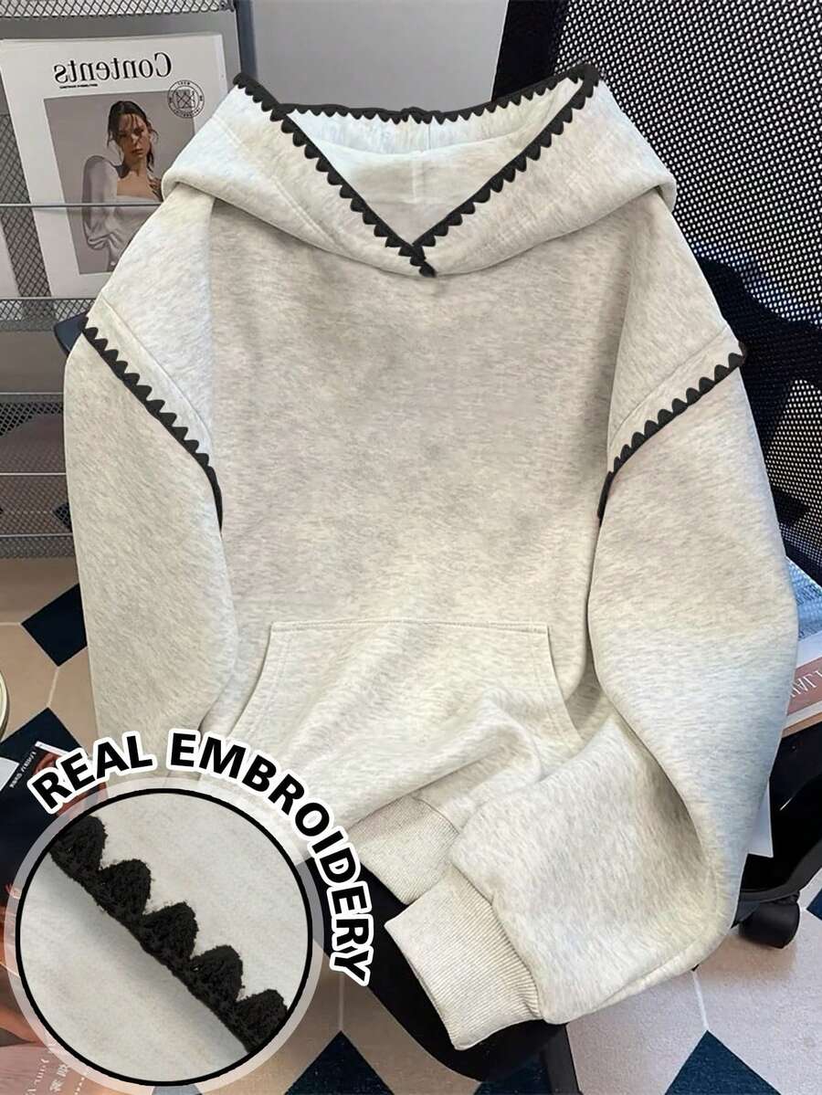 EMERY ROSE بلوزة رياضية نسائية مقاس كبير، خريف/شتاء، كاجوال، مناسبات، مدرسة، العودة إلى المدرسة، بسيطة فضفاضة مطرزة بتباين ياقة دائرية وأكمام طويلة سحب علوي - رمادي فاتح - مشاهدة 1