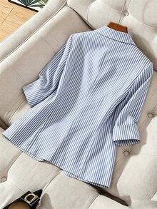 GlowEve CURVE Plus Size Women's Spring/Summer Striped Single-Breasted Elegant Casual Blazer Work For Women - Blue and White - View 2