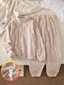 SHEIN Teen Girls Fitted Fleece Long Sleeve Pants Set, Minimalist Versatile Sweet Bow Design, New Autumn/Winter Pajamas Homewear Outfit For Daily Wear And Lounging - Apricot - View 5