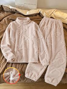 SHEIN Teen Girls Fitted Fleece Long Sleeve Pants Set, Minimalist Versatile Sweet Bow Design, New Autumn/Winter Pajamas Homewear Outfit For Daily Wear And Lounging - Apricot - View 1