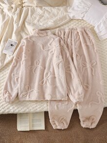 SHEIN Teen Girls Fitted Fleece Long Sleeve Pants Set, Minimalist Versatile Sweet Bow Design, New Autumn/Winter Pajamas Homewear Outfit For Daily Wear And Lounging - Apricot - View 2
