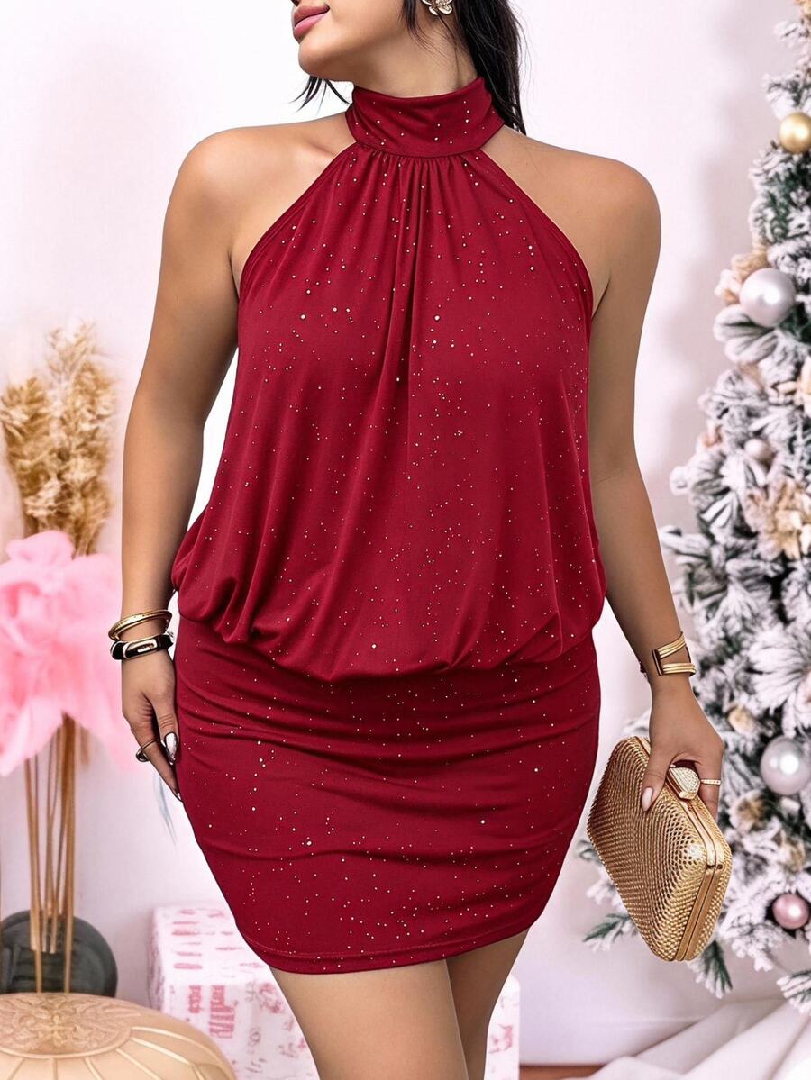 SHEIN EZwear Christmas Party Dressr Neck Dress - Burgundy - View 1