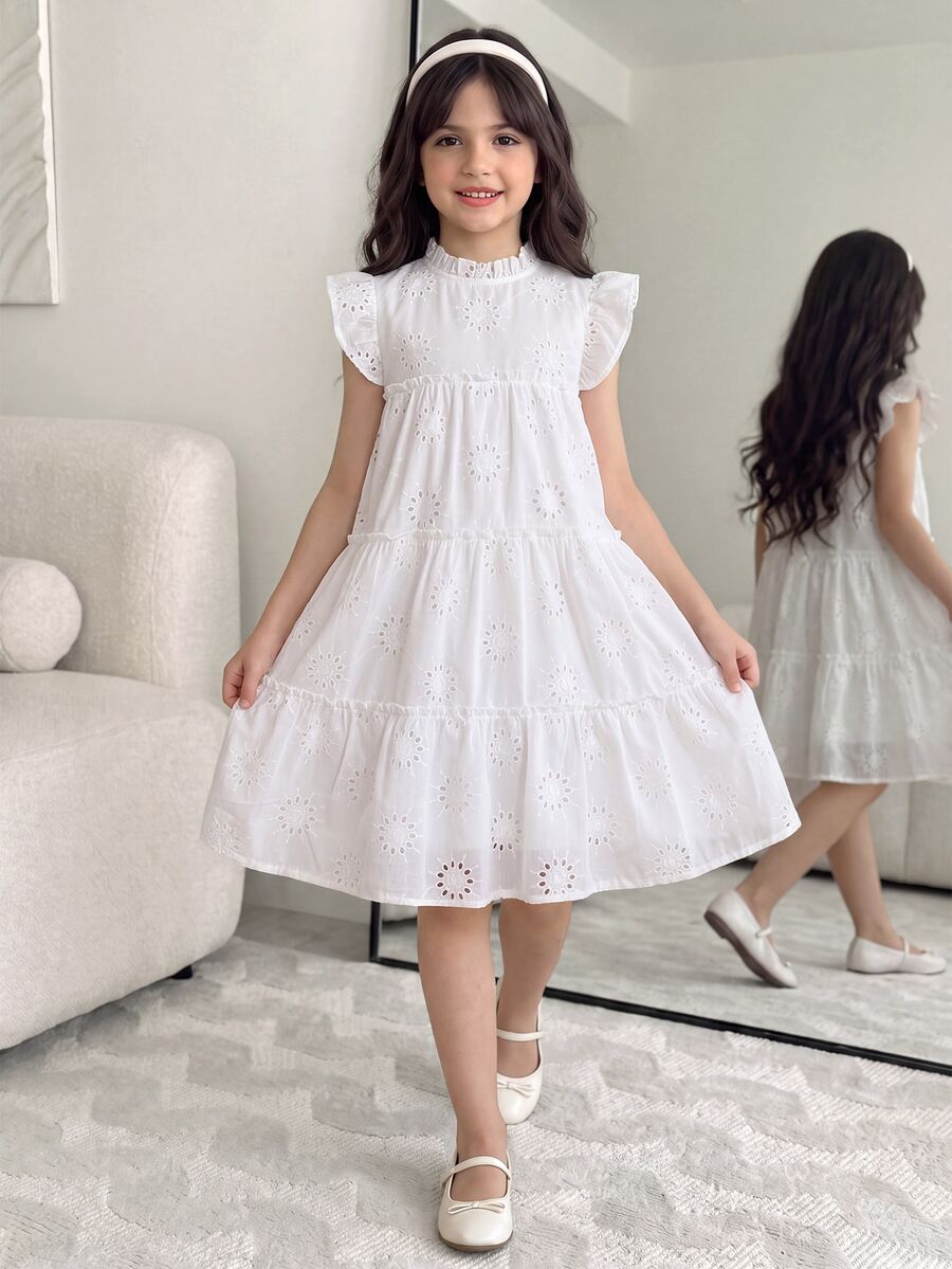 SHEIN 1pc Tween Girl Perforated Texture Fabric Stand Collar A-Line Vacation Dress, Spring/Summer,Holiday Summer Travel White Cute Elegant
