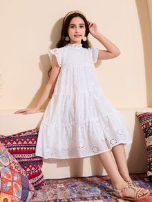 SHEIN 1pc Tween Girl Perforated Texture Fabric Stand Collar A-Line Vacation Dress, Spring/Summer,Holiday Summer Travel White Cute Elegant - White - View 4