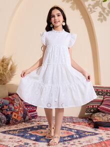 SHEIN 1pc Tween Girl Perforated Texture Fabric Stand Collar A-Line Vacation Dress, Spring/Summer,Holiday Summer Travel White Cute Elegant - White - View 8