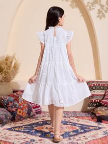 SHEIN 1pc Tween Girl Perforated Texture Fabric Stand Collar A-Line Vacation Dress, Spring/Summer,Holiday Summer Travel White Cute Elegant - White - View 5