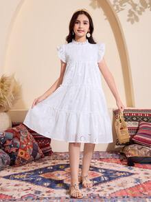 SHEIN 1pc Tween Girl Perforated Texture Fabric Stand Collar A-Line Vacation Dress, Spring/Summer,Holiday Summer Travel White Cute Elegant - White - View 6