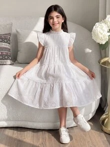SHEIN 1pc Tween Girl Perforated Texture Fabric Stand Collar A-Line Vacation Dress, Spring/Summer,Holiday Summer Travel White Cute Elegant - White - View 3