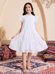 SHEIN 1pc Tween Girl Perforated Texture Fabric Stand Collar A-Line Vacation Dress, Spring/Summer,Holiday Summer Travel White Cute Elegant - White - View 7