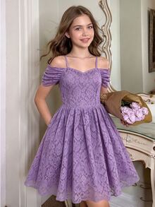 Tween Girls Lavender Cotton Blend Lace Off Shoulder Slouchy Sleeve Spaghetti Strap A Line Dress, Breathable, For Piano Recital, Birthday, Flower Girl - Purple - View 5