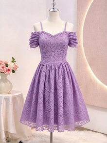 Tween Girls Lavender Cotton Blend Lace Off Shoulder Slouchy Sleeve Spaghetti Strap A Line Dress, Breathable, For Piano Recital, Birthday, Flower Girl - Purple - View 3