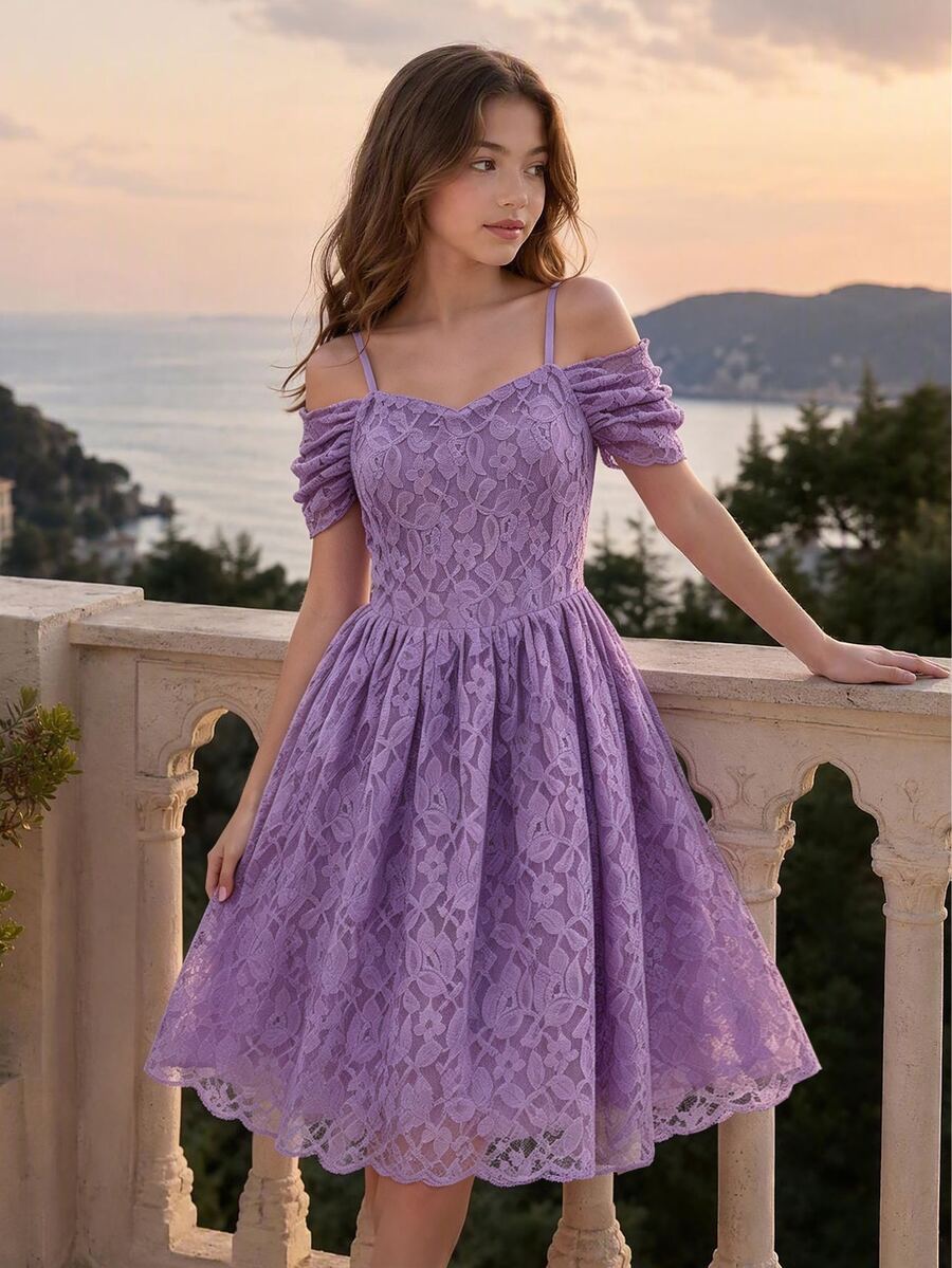 Tween Girls Lavender Cotton Blend Lace Off Shoulder Slouchy Sleeve Spaghetti Strap A Line Dress, Breathable, For Piano Recital, Birthday, Flower Girl - Purple - View 1