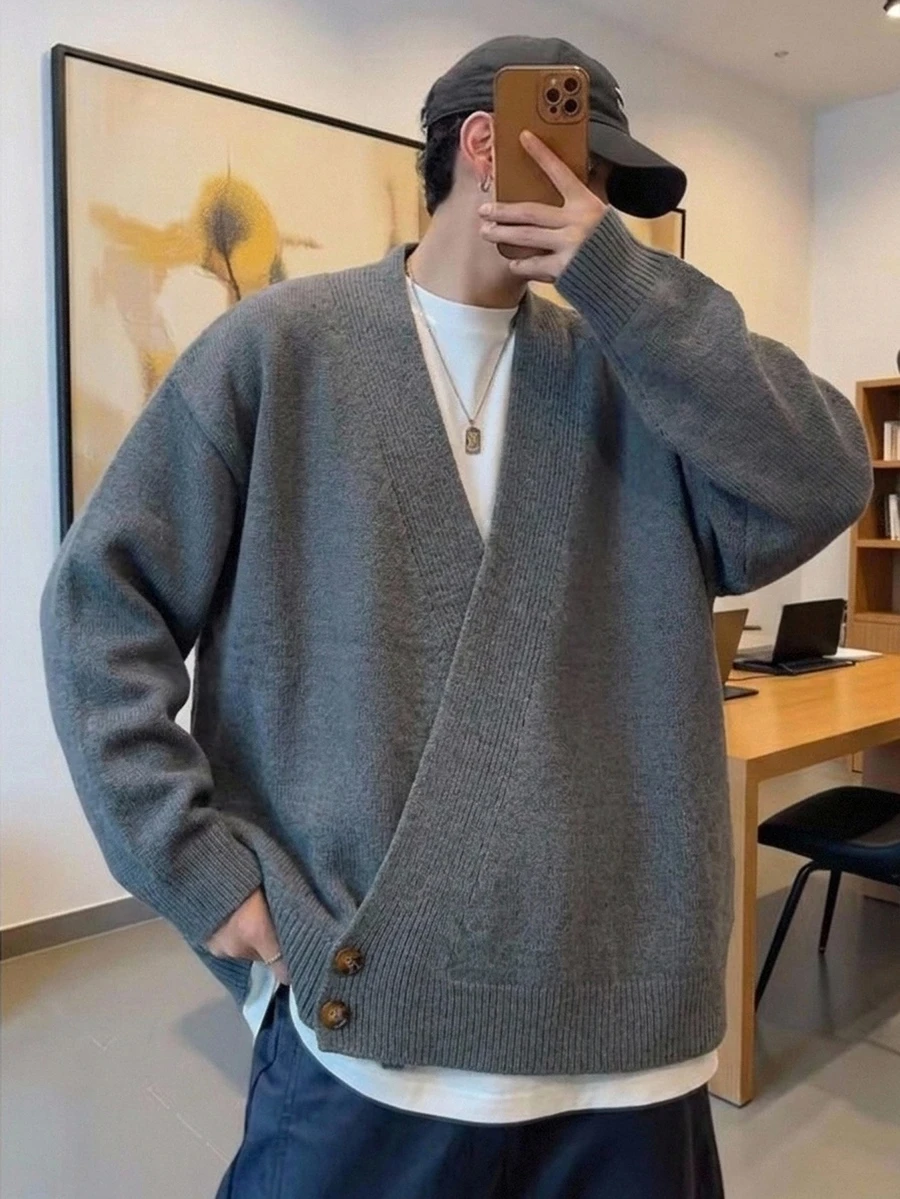 Manfinity CasualKnits Men's Solid Color Casual Versatile Daily Wear Cardigan, Old Money - Grey - View 1