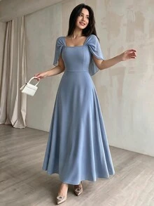 Modelyn Women's Square Neck Waist Gathered A-Line Long Dress, Elegant Romantic Everyday Wear - Dusty Blue - View 3