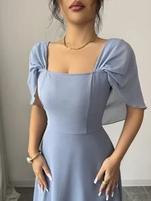 Modelyn Women's Square Neck Waist Gathered A-Line Long Dress, Elegant Romantic Everyday Wear - Dusty Blue - View 7