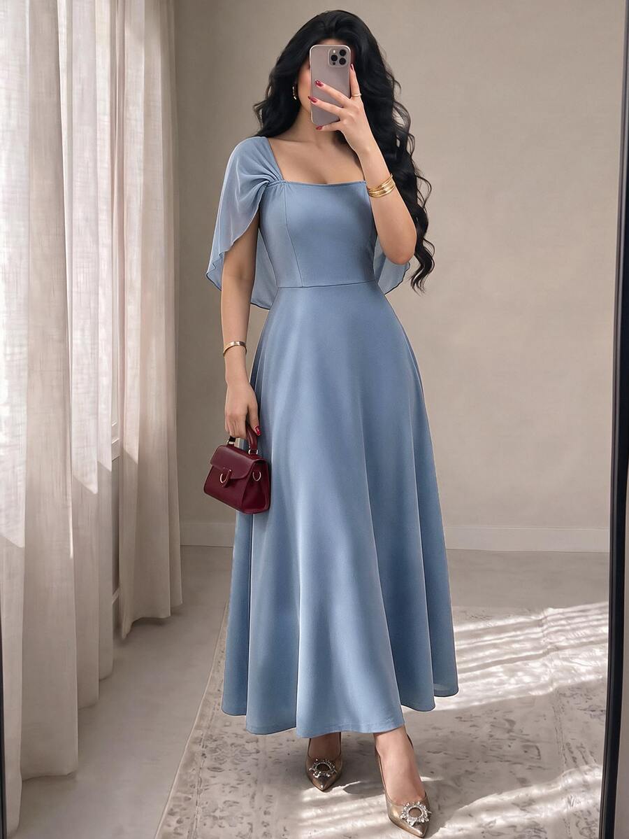 Modelyn Women's Square Neck Waist Gathered A-Line Long Dress, Elegant Romantic Everyday Wear - Dusty Blue - View 1