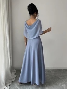 Modelyn Women's Square Neck Waist Gathered A-Line Long Dress, Elegant Romantic Everyday Wear - Dusty Blue - View 2