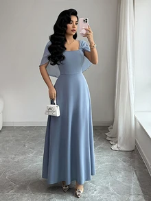 Modelyn Women's Square Neck Waist Gathered A-Line Long Dress, Elegant Romantic Everyday Wear - Dusty Blue - View 4