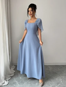 Modelyn Women's Square Neck Waist Gathered A-Line Long Dress, Elegant Romantic Everyday Wear - Dusty Blue - View 8