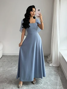 Modelyn Women's Square Neck Waist Gathered A-Line Long Dress, Elegant Romantic Everyday Wear - Dusty Blue - View 6
