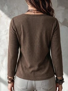 NostaNoir Fashionable Retro Casual V-Neck Front Cross Design Side Ruched Coffee Color Plus Size T-Shirt Fall - Brown - View 2