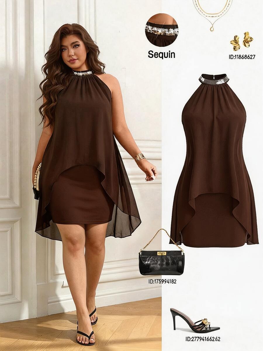 Femmeverse Women's Plus Size Summer New Ruched Halter Neck Sequin Patchwork Sleeveless High Waist Bodycon Dress - Coffee Brown - View 1