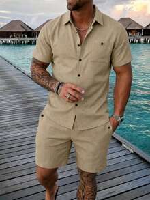 Genlund Men's Mature Casual Double Pocket Design Double-Sided Linen Fabric Short Sleeve Shirt And Shorts Set - Khaki - View 1