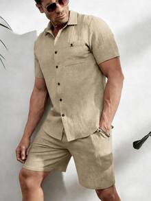 Genlund Men's Mature Casual Double Pocket Design Double-Sided Linen Fabric Short Sleeve Shirt And Shorts Set - Khaki - View 4