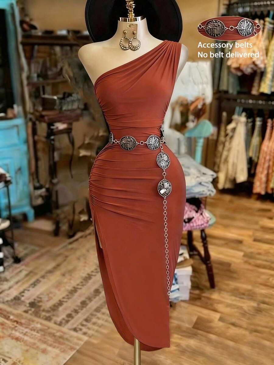 INAWLY Women's Solid Color Elegant Waist-Cinched Slit Design Mid-Length Party Dress - Brown - View 1