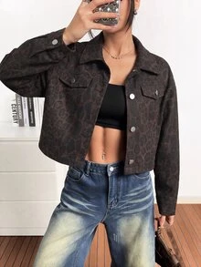 SHEIN EZwear 女款短版夾克外套 長袖休閒日常穿著 PU豹紋印花 - 棕色 - 查看 3