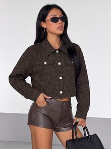 SHEIN EZwear 女款短版夾克外套 長袖休閒日常穿著 PU豹紋印花 - 棕色 - 查看 1