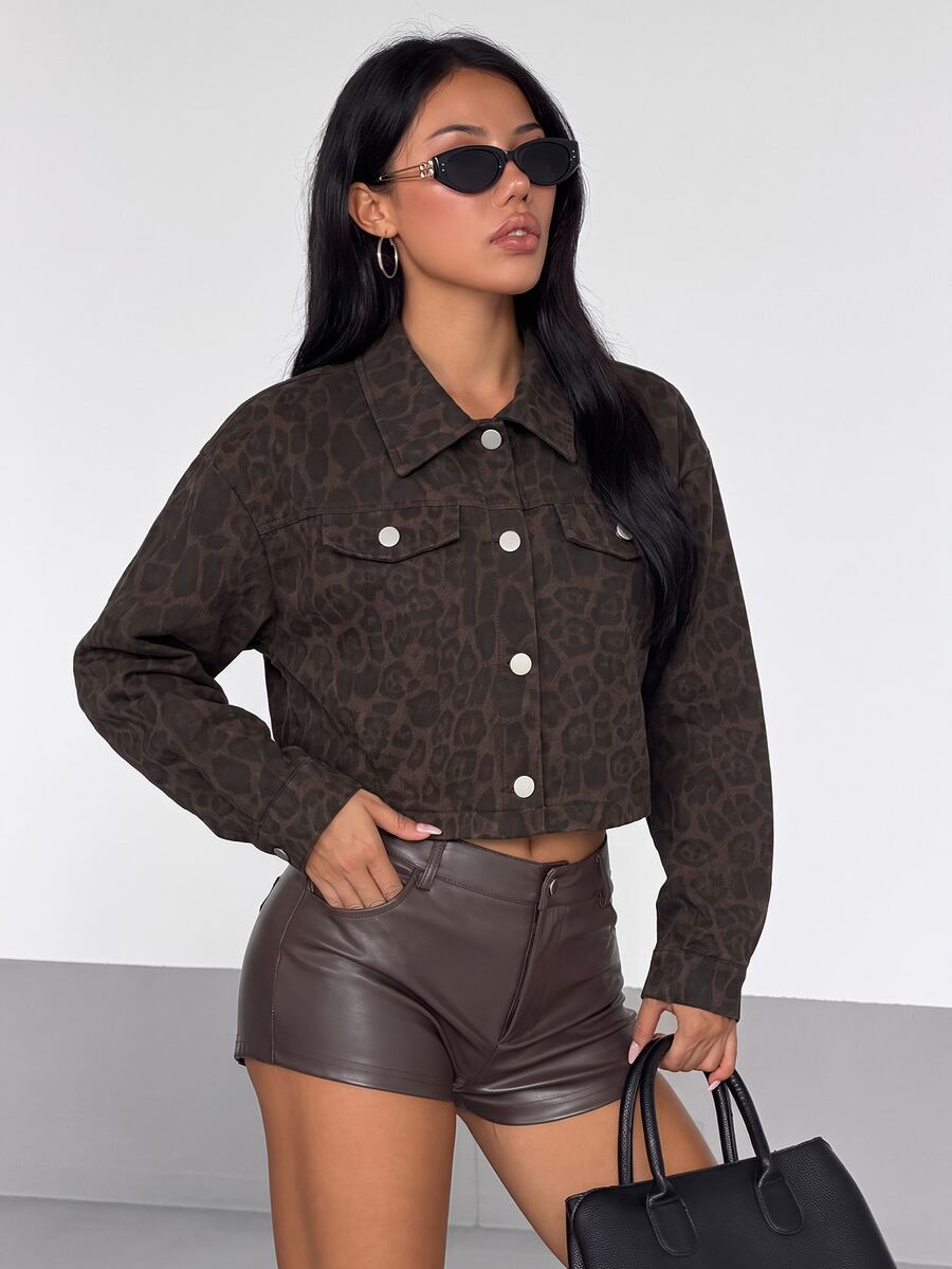 SHEIN EZwear 女款短版夾克外套 長袖休閒日常穿著 PU豹紋印花 - 棕色 - 查看 1