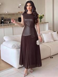 Feyla Women's Elegant Commute Patchwork Pleated Midi Dress - Brown - View 1