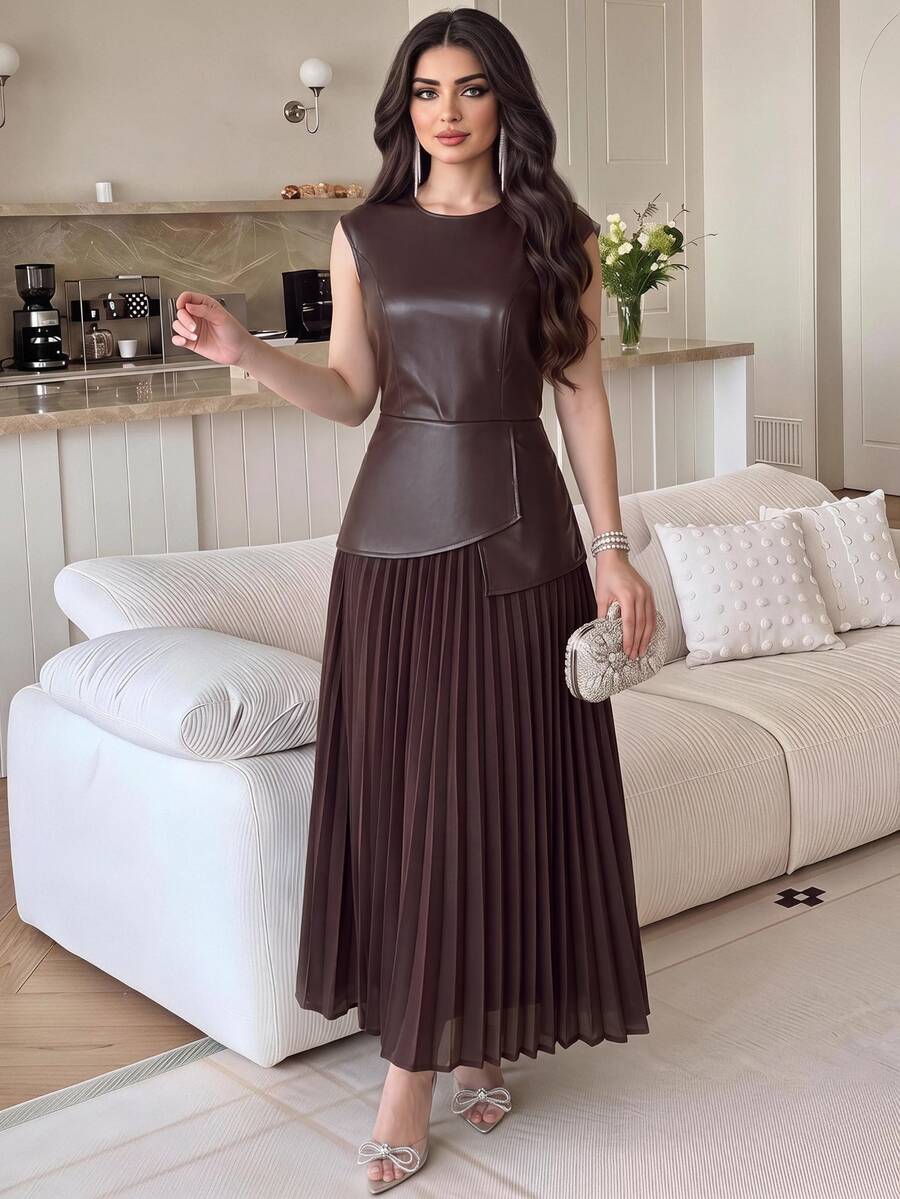 Feyla Women's Elegant Commute Patchwork Pleated Midi Dress - Brown - View 1