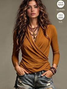 LUMIGAL Women's Brown Cross Waist Versatile Knit Top - Yellow - View 7