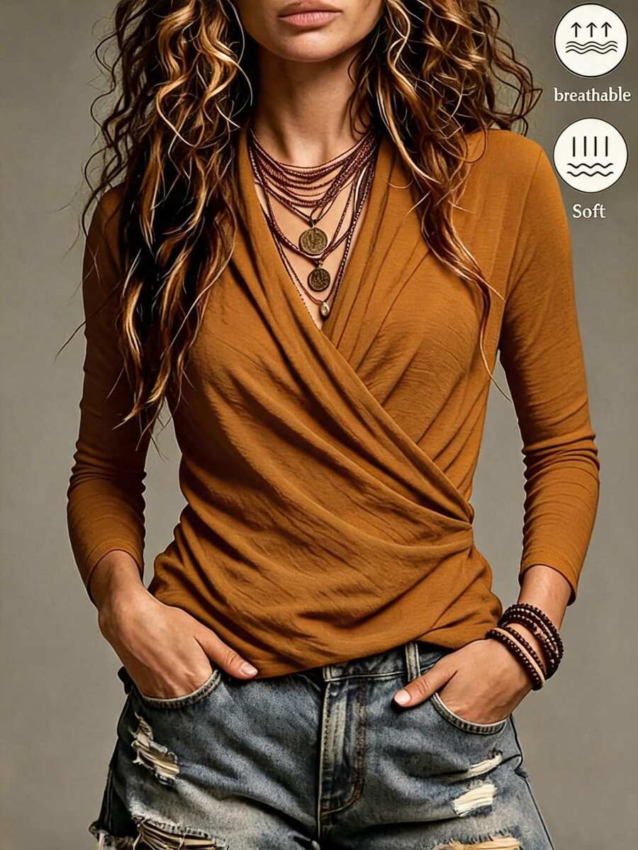 LUMIGAL Women's Brown Cross Waist Versatile Knit Top - Yellow - View 1