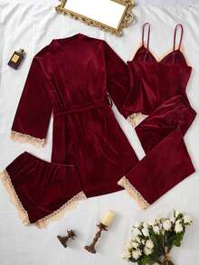 LuxeNights 4pcs Contrast Color Lace & Velvet Camisole Top, Shorts, Pants And Robe Pajama Set, Fall Winter Clothes - Burgundy - View 2