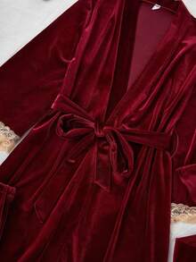LuxeNights 4pcs Contrast Color Lace & Velvet Camisole Top, Shorts, Pants And Robe Pajama Set, Fall Winter Clothes - Burgundy - View 6