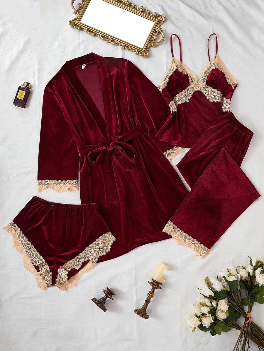 LuxeNights 4pcs Contrast Color Lace & Velvet Camisole Top, Shorts, Pants And Robe Pajama Set, Fall Winter Clothes - Burgundy - View 1
