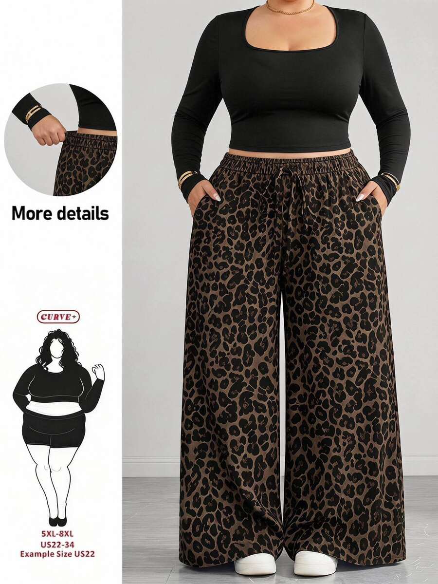 SHEIN CURVE+ 大尺碼女款格紋長褲，黑白棋盤格鬆緊腰口袋寬腿休閒寬鬆長褲，女款寬腿休閒長褲，Curve Plus，Hoho Vacation - 棕色 - 查看 1