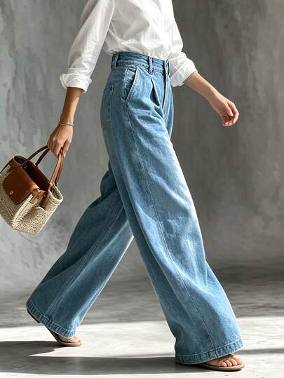 SHEIN Holidaya [Denim Effect] 新款秋季休閒通勤純色寬腿長褲 女款下身褲 秋冬 辦公室 教師工作 藍色牛仔褲
