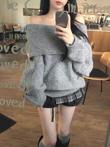 DAZY Women's Off-Shoulder Korean Style Long Sleeve Autumn/Winter Elegant Sweater - Grey - View 5