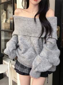 DAZY Women's Off-Shoulder Korean Style Long Sleeve Autumn/Winter Elegant Sweater - Grey - View 1