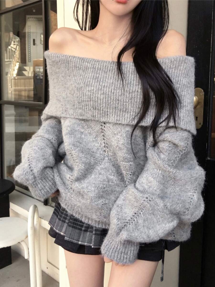DAZY Women's Off-Shoulder Korean Style Long Sleeve Autumn/Winter Elegant Sweater - Grey - View 1