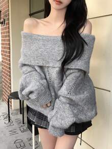 DAZY Women's Off-Shoulder Korean Style Long Sleeve Autumn/Winter Elegant Sweater - Grey - View 3