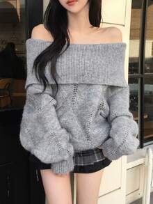 DAZY Women's Off-Shoulder Korean Style Long Sleeve Autumn/Winter Elegant Sweater - Grey - View 4