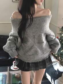 DAZY Women's Off-Shoulder Korean Style Long Sleeve Autumn/Winter Elegant Sweater - Grey - View 6