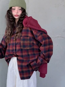 DAZY Women's Plaid Casual Versatile Daily Wear Shirt - Burgundy - View 2